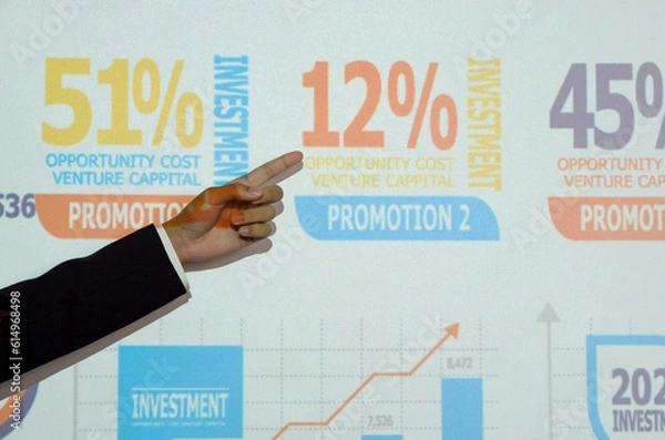 Fototapeta Closeup businessman's hand pointing at venture capital chart on presentation monitor.