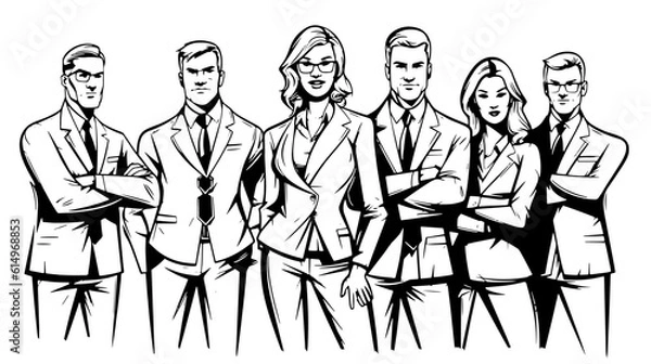Fototapeta Group of business people to successful. Business team with determination and confidence. Hand drawn in thin line style, vector illustrations.