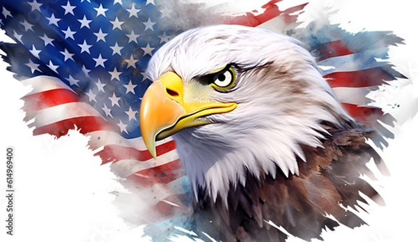 Obraz american bald eagle with flag white back ground 