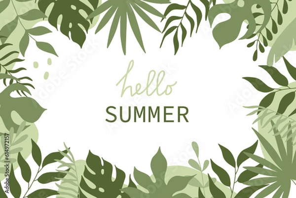 Fototapeta Hello summer banner. Tropical background with palm leaves. Jungle vector illustration.
