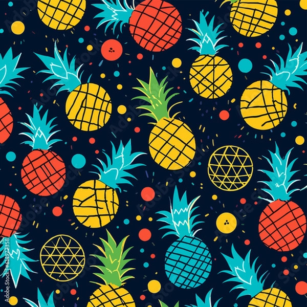 Obraz Vector seamless pattern with hand drawn pineapple fruits on colorful geometrical background in Memphis style. Colorful seamless pattern of hand drawn pineapple. Summer background, fruit print.