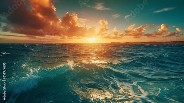 Obraz ocean waves background with clear water and sunset or sunrise, feeling bright and fresh representing concept of beautiful nature theme