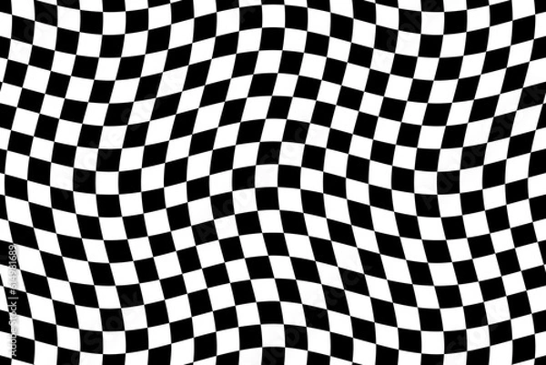 Fototapeta Black and white checkered flag texture background vector. Wavy tartan plaid fabric pattern. Abstract geometric shapes. Wave stripes ethnic pattern.