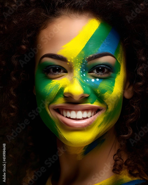 Obraz Brazilian Supporter with Flag Face Paint - Generative AI 
