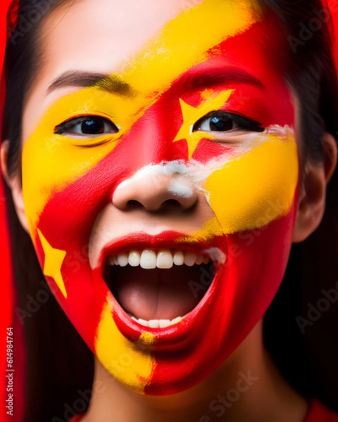 Obraz Chinese Supporter with Flag Face Paint - Generative AI