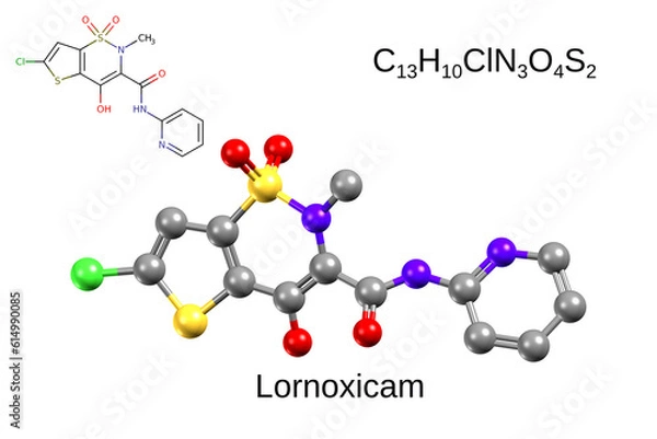Fototapeta Chemical formula, structural formula and 3D ball-and-stick model of lornoxicam, also known as chlortenoxicam, a nonsteroidal anti-inflammatory drug (NSAID) of the oxicam class
