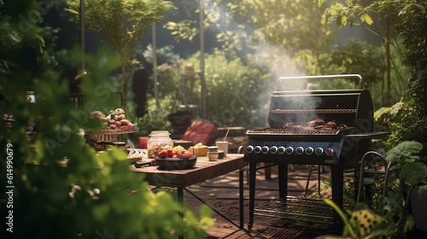 Fototapeta barbecue oven at backyard with food on table. generative AI