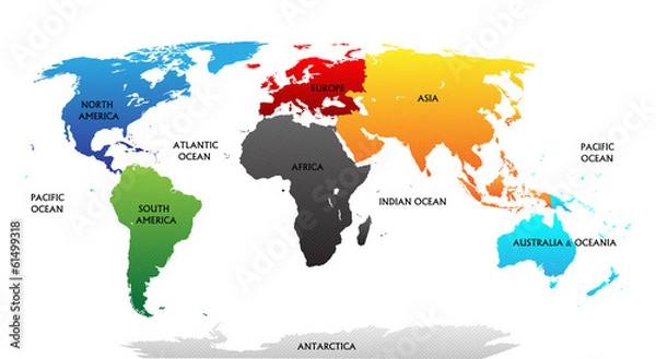 Obraz Mapa świata z zaznaczonymi kontynentami