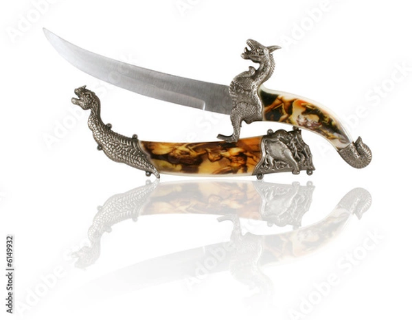 Fototapeta An ancient knife with scabbards isolated on a white background
