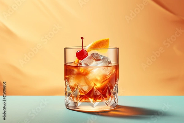 Fototapeta Old fashioned cocktail on stone background. Whiskey on stone rustic background. Generative AI