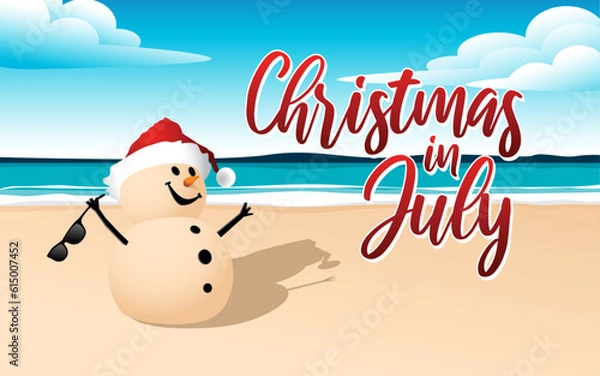 Obraz Christmas in July sale template design with a sandy snowman on a beautiful beach, vector illustration
