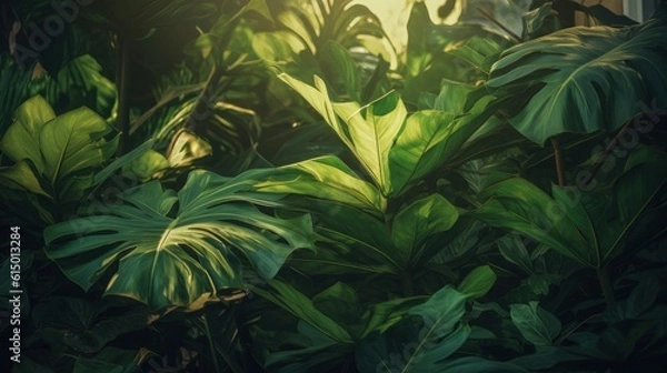 Fototapeta Closeup nature view of tropical green monstera leaf and palms background. Flat lay, fresh wallpaper banner concept.