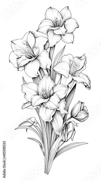 Fototapeta Cute Daffodil flower in coloring page style illustration. Line art painting. Generative AI