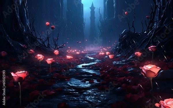Fototapeta Mysterious path of roses and dark castle