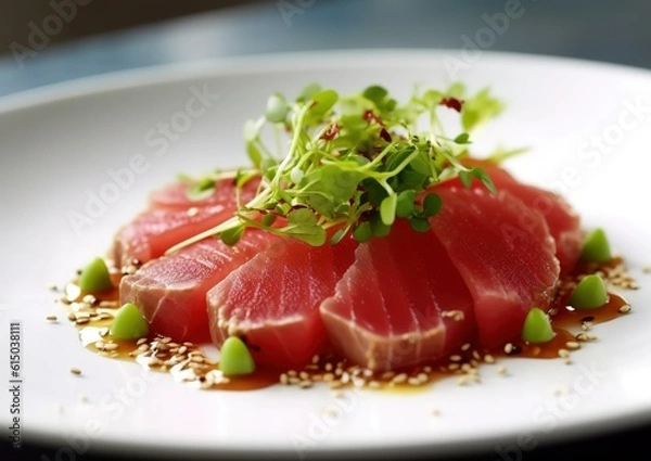 Fototapeta Tuna sashimi, raw fish, traditional Japanese style. generative AI image.
