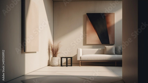 Fototapeta Stylish Interior with an Abstract Mockup Frame Poster, Modern interior design, 3D render, 3D illustration