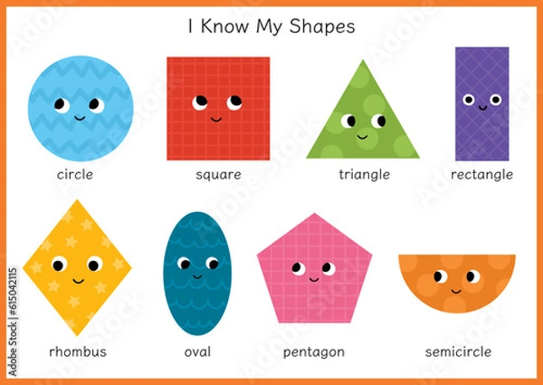 Fototapeta I Know My Shapes educational activity page for kids with cute characters. Learning basic geometric shapes poster for preschool with circle, square, triangle, etc. Vector illustration