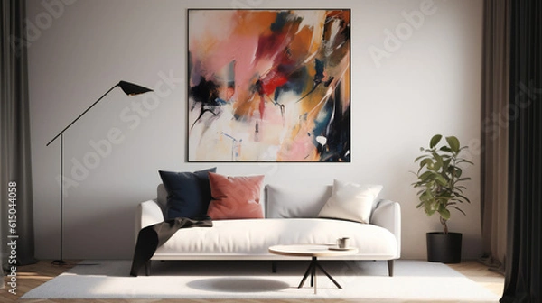 Fototapeta Stylish Interior with an Abstract Mockup Frame Poster, Modern interior design, 3D render, 3D illustration