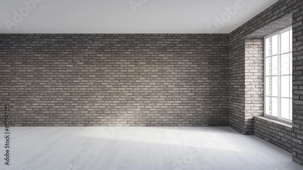 Fototapeta Large modern empty interior with brown brick walls, white wooden floor and big windows. Living room or office empty space, mock up template for product display
