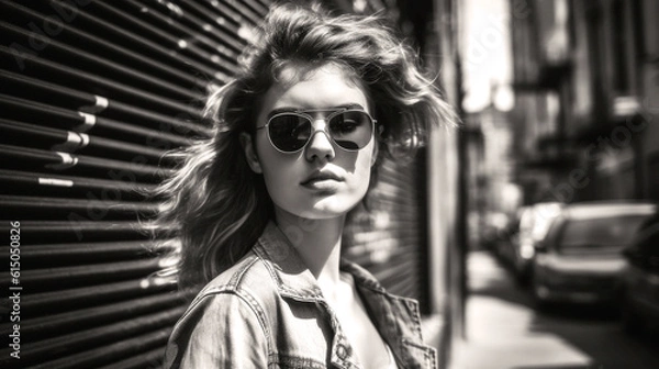 Fototapeta People of NY Street Photography. Summer in NYC; a diverse crowd of hipsters paint a black and white mosaic, each contributing their unique style and spirit. Generative AI