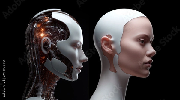 Fototapeta A ChatGPT concept. A human like android with the face of a human and the brain of an AI. Generative AI