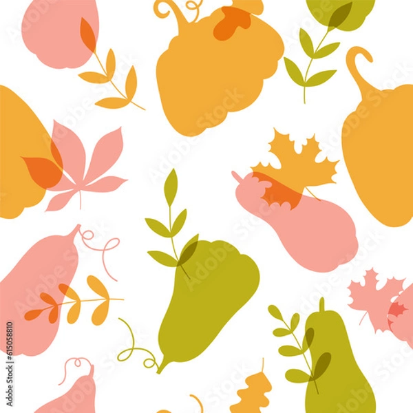Obraz Vector colorful autumn seamless pattern with fall leaves and pumpkins. Fall endless risoprint background.