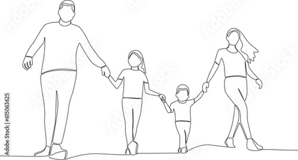 Obraz Single continuous line drawing child and parents walk together. Global Day Parent Concept