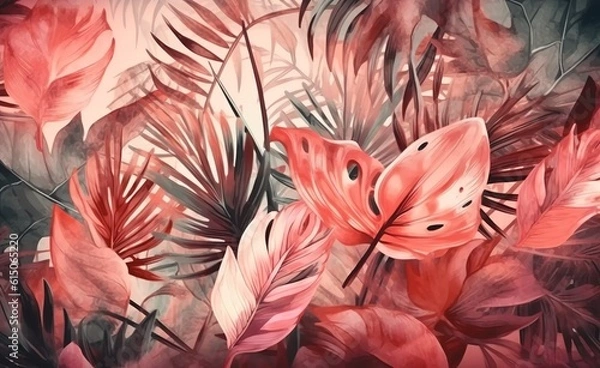 Fototapeta Botany pink illustration of foliage and flowers - ai generated