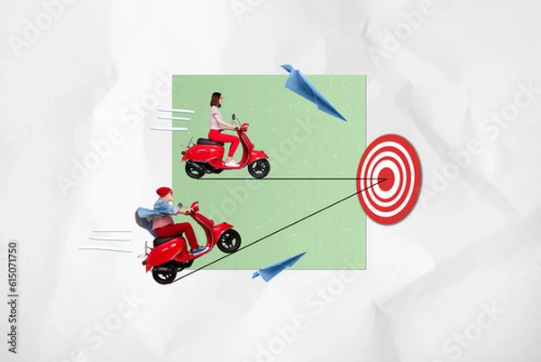Fototapeta Artwork collage picture of two people drive scooter darts board target flying paper airplane isolated on paper background