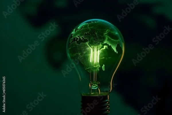 Fototapeta Green world map on the light bulb on a green background.Green energy symbol, Generative AI