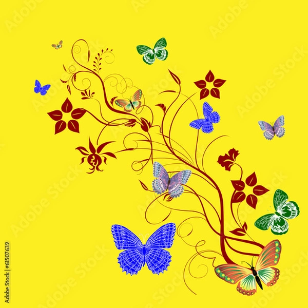 Fototapeta Vector card with a branch and butterflies