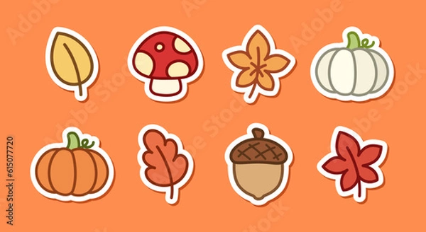 Fototapeta Collection of autumn sticker cartoon, fall thanksgiving season elements. Vector illustration.