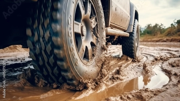Fototapeta Truck car spins its wheels in the mud close-up view