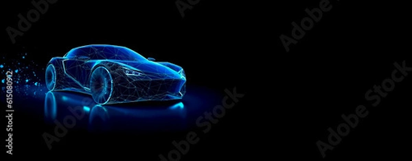 Obraz Stylish modern car. Abstract schematic vector from blue lines on a black background. Banner, copy space. Generative AI