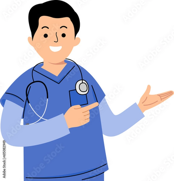 Obraz male nurse pointing towards empty room for presentation