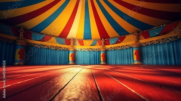 Obraz A circus background with colors yellow and red with space to promote products and events. Generative ai.