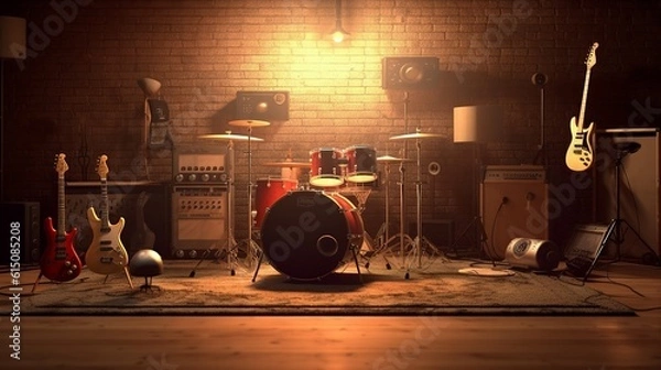 Fototapeta A rock band setup room with instruments. With space to promote events. Generative ai.