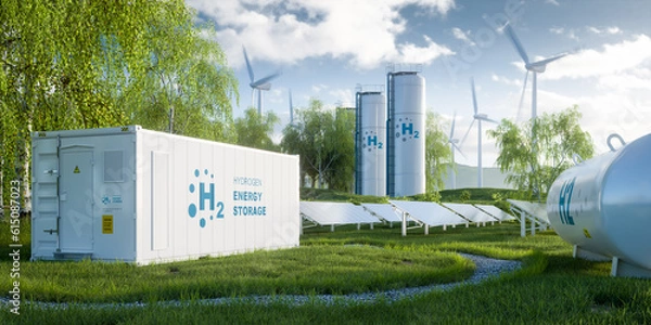 Fototapeta The concept of storing electrical energy in hydrogen by electrolysis. The system captures an electrolysis unit, storage tanks, solar and wind power plants on a lush lawn among the trees. 3d rendering