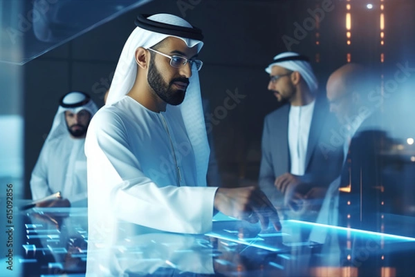 Fototapeta Successful middle aged muslim businessman wearing traditional clothes touching hologram display while looking for touristic information with urban technology system in modern office.