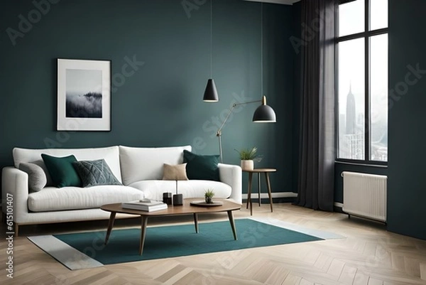 Fototapeta 3D Mockup canvas frame in dark green home interior with sofa, fur, table and branch in vase , created with AI