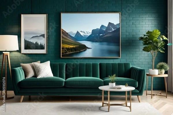 Fototapeta 3D Mockup canvas frame in dark green home interior with sofa, fur, table and branch in vase , created with AI
