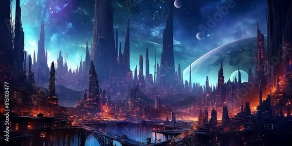 Obraz Landscape with moon in an other galaxy (Generative AI)