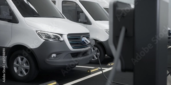 Fototapeta Fleet of generic electric EV delivery vans charging on charging stations