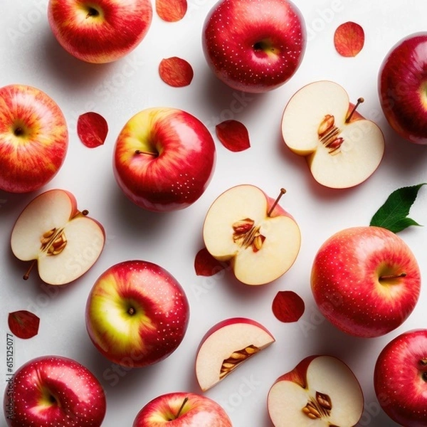 Fototapeta Delicious red apples with leaves on white background ,made with Generative AI