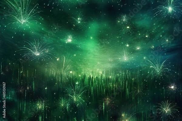 Fototapeta green fireworks in the night sky, illustration, generative ai