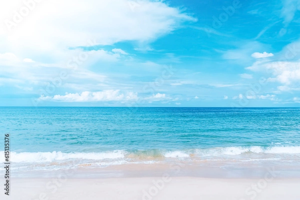 Fototapeta Beautiful tropical beach with blue sky and white clouds abstract texture background. Copy space of summer vacation and holiday business travel concept.