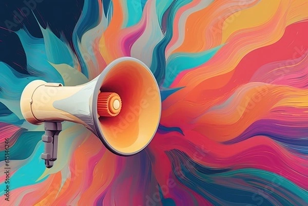 Fototapeta Megaphone on colorful background, marketing and advertising concept, Generative AI