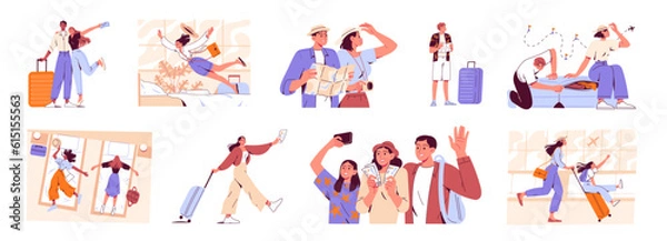 Fototapeta People with suitcases, travelers, preparing for the flight