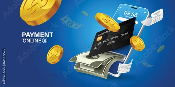Obraz The credit card is on the smartphone and there are coins around it.Mobile payment concept without ATM or bank. Cashback via mobile application or via credit card. Paying bill using mobile phone bill.
