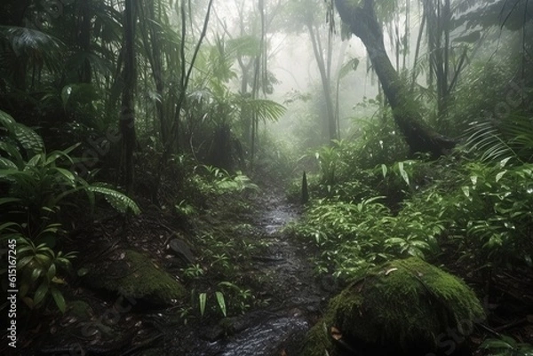 Fototapeta Fresh green rainforest, summer time, National park, wonderful wild nature of Central America. Made with Generative AI